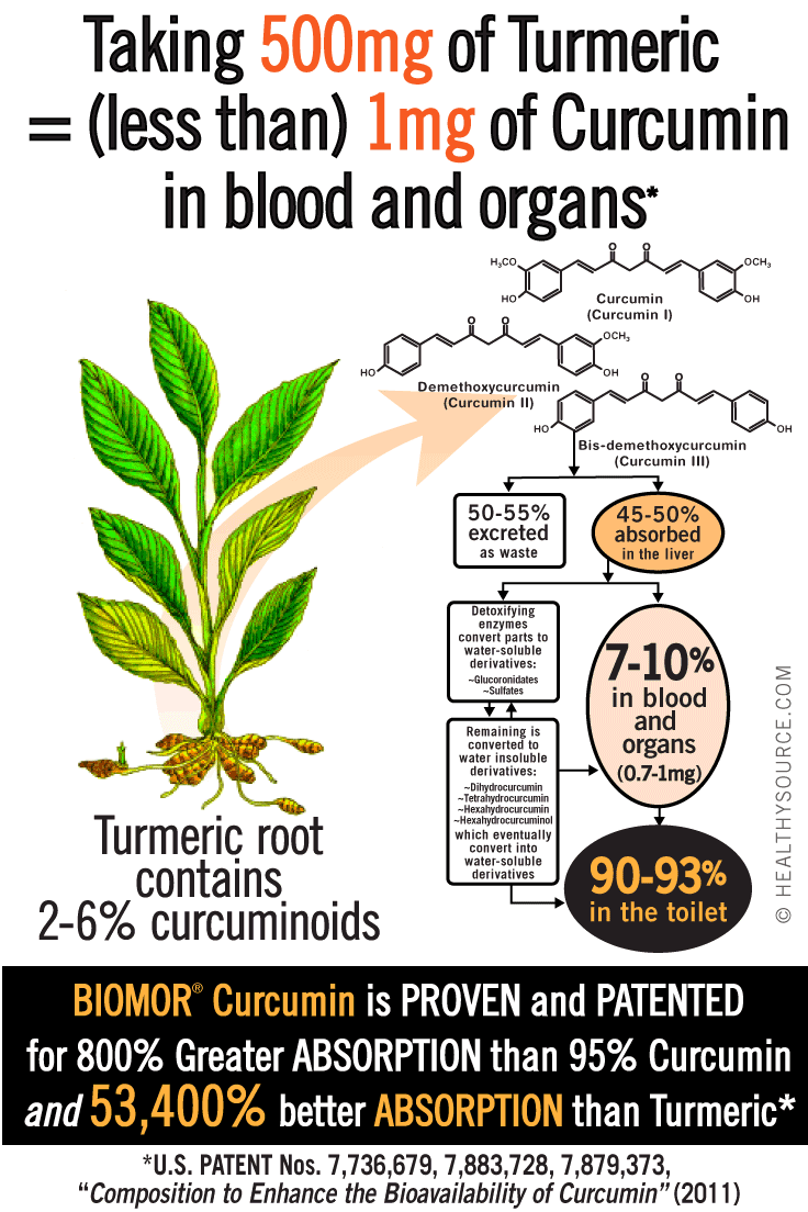Human trials show most curcumin is wasted in the toilet but BIOMOR® Curcumin is shown to be up to 800% better ABSORBED into the blood and organs than other 95% standardized curcumin products (that's 53,400% greater ABSORPTION than turmeric extract)